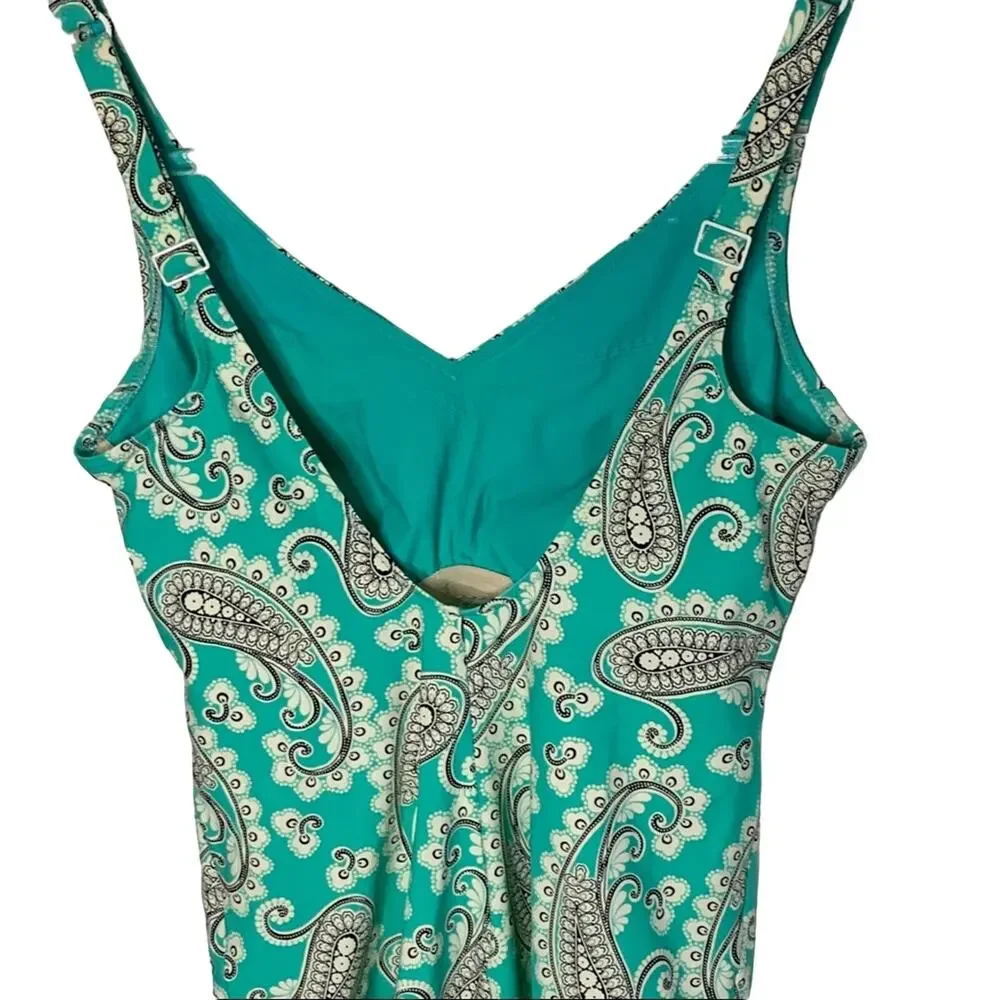ANITA Paisley One-Piece Swimsuit V-Neck Scoop Back Turquoise Multicolor Size 8